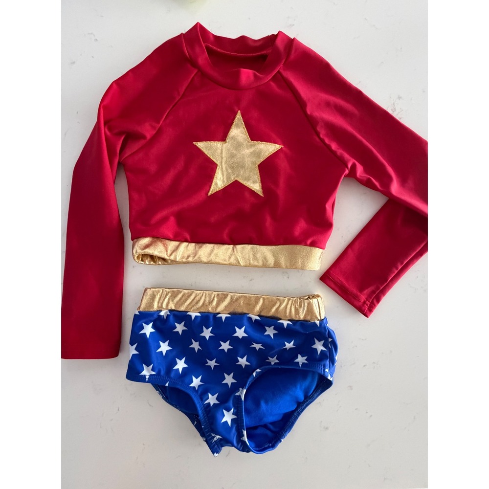 Great Pretenders Wonder Girl Swimsuit Red Blue Gold Star Rash Guard Set 3-4Y